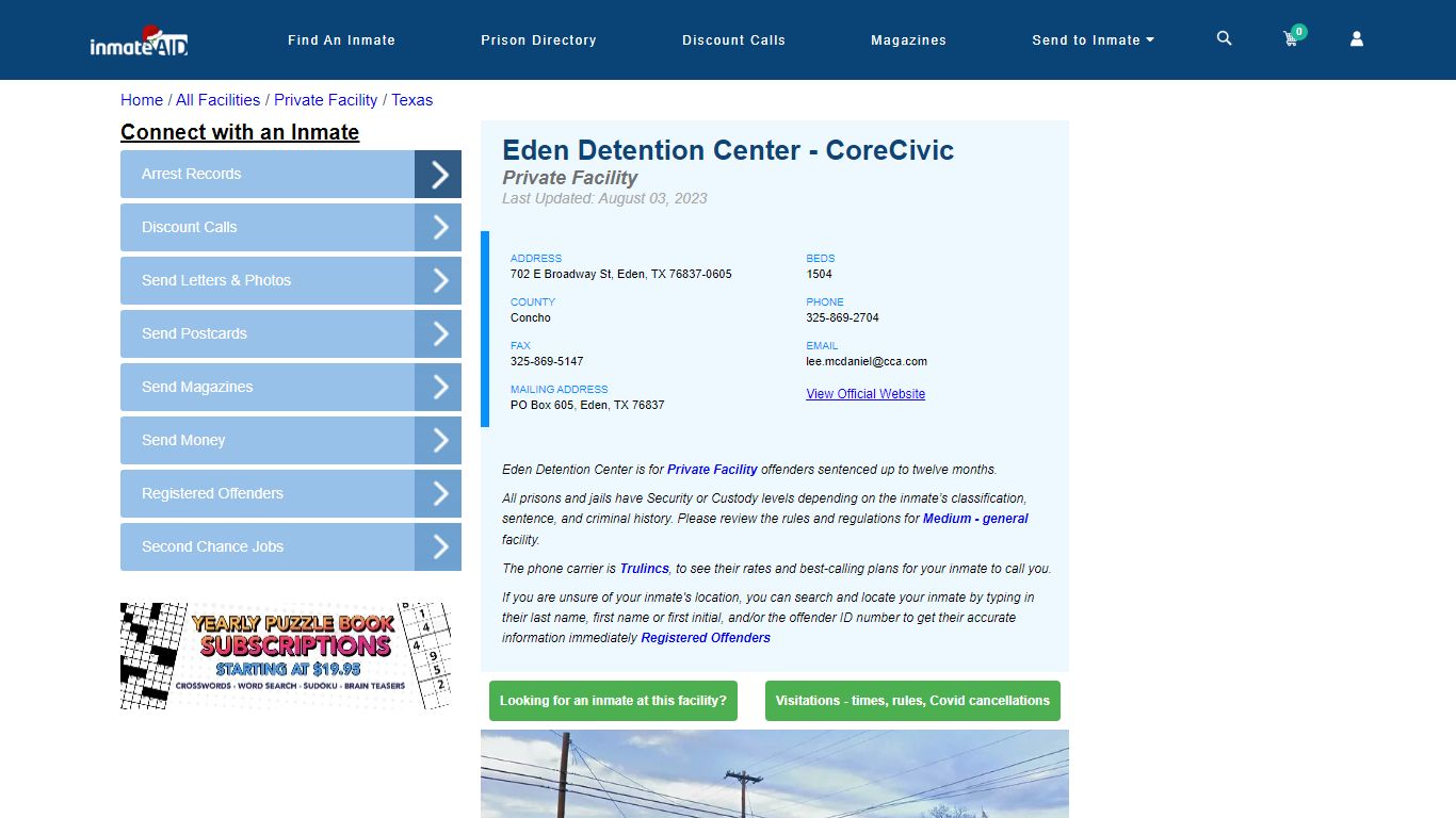 Eden Detention Center - CoreCivic - Inmate Search - Eden, TX
